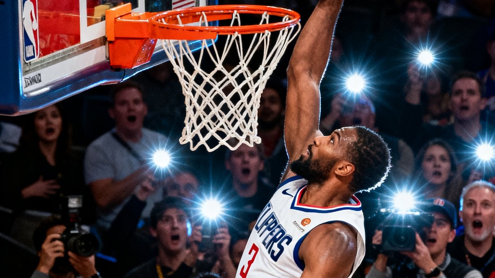 NBA比赛中一名球员完成单手战斧劈扣的视频集锦封面，球员身体在空中完全伸展，篮球即将被砸入篮筐，背景是震惊的观众表情和闪烁的相机闪光灯